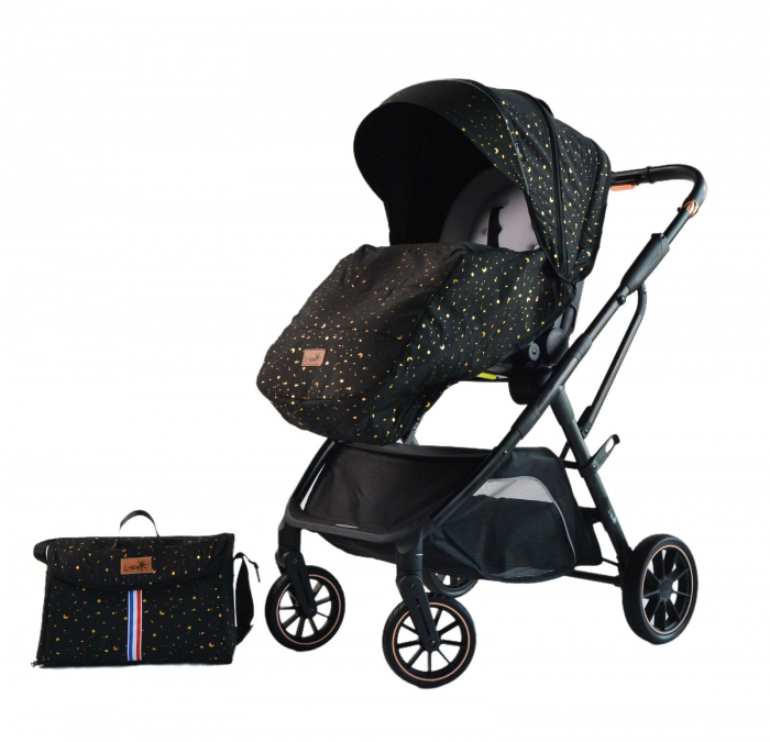 Carucior reversibil pliabil, cu husa picioare, 0-36 luni, C7 Negru cu auriu [2]