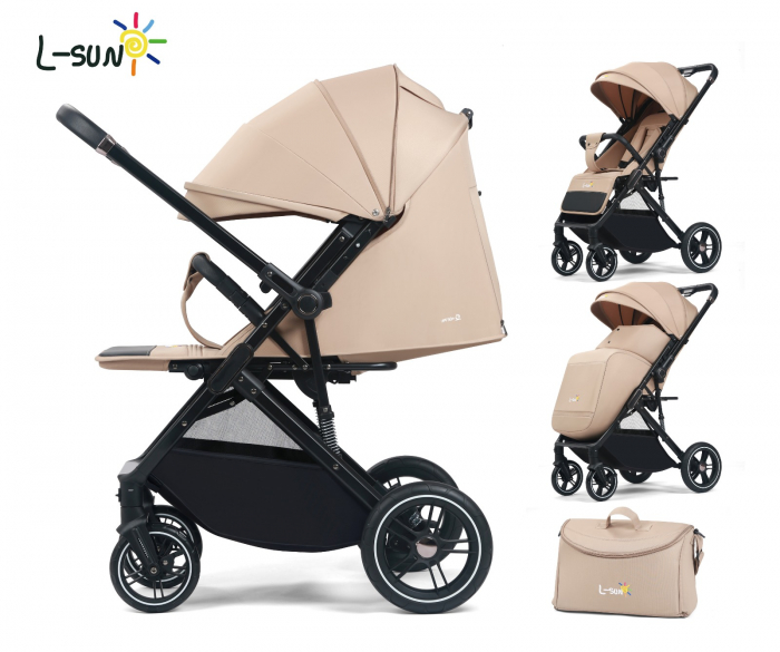 Carucior sport Q1, Crem, cu maner reversibil, pozitie de somn, pliabil, cu husa si geanta [1]