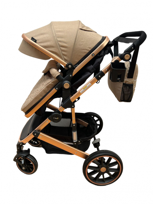 Carucior T1, 2 in 1, cu suspensii, reversibil, cu geanta, crem - negru [3]