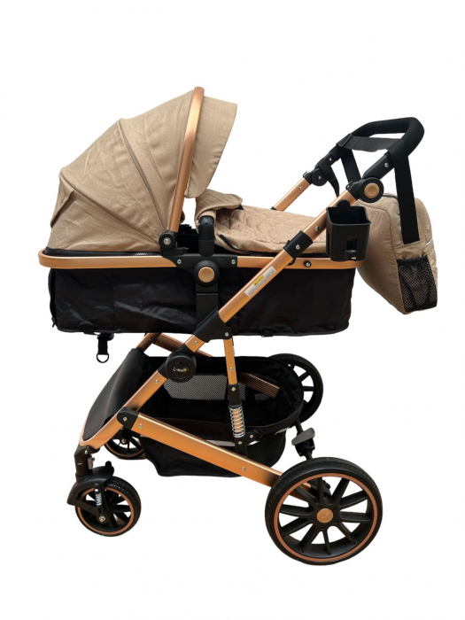 Carucior T1, 2 in 1, cu suspensii, reversibil, cu geanta, crem - negru [6]