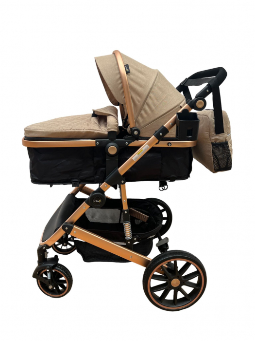 Carucior T1, 2 in 1, cu suspensii, reversibil, cu geanta, crem - negru [7]