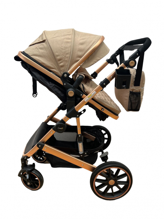 Carucior T1, 2 in 1, cu suspensii, reversibil, cu geanta, crem - negru [5]