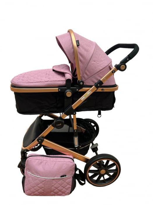 Carucior T1, 2 in 1, cu suspensii, reversibil, cu geanta, roz inchis