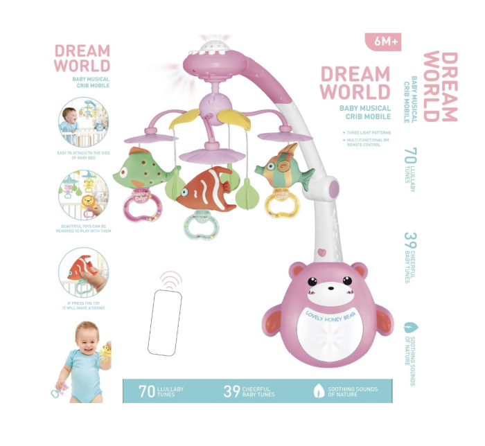 Carusel muzical pentru bebelusi cu telecomanda, lumini si rotatie 360°, Dream World, roz [10]