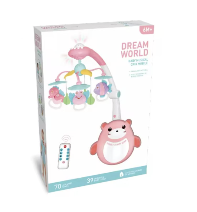 Carusel muzical pentru bebelusi cu telecomanda, lumini si rotatie 360°, Dream World, roz [4]