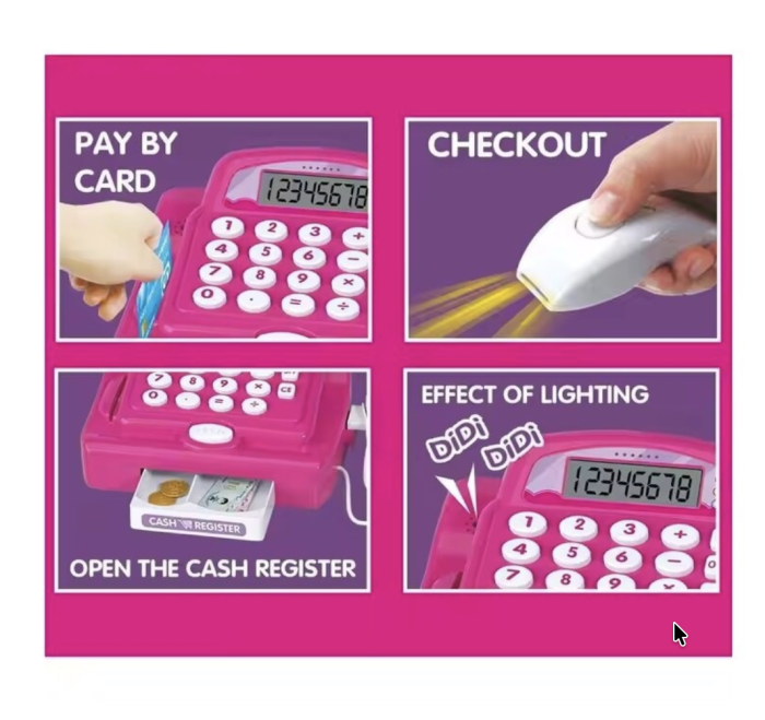 Casa de marcat de jucarie cu scanner, card si accesorii alimente, roz, 20.5 cm, +3 ani [4]