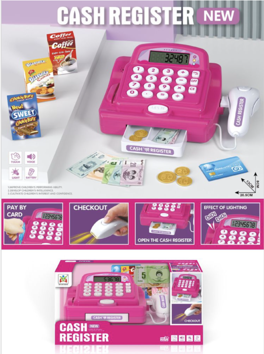 Casa de marcat de jucarie cu scanner, card si accesorii alimente, roz, 20.5 cm, +3 ani [6]