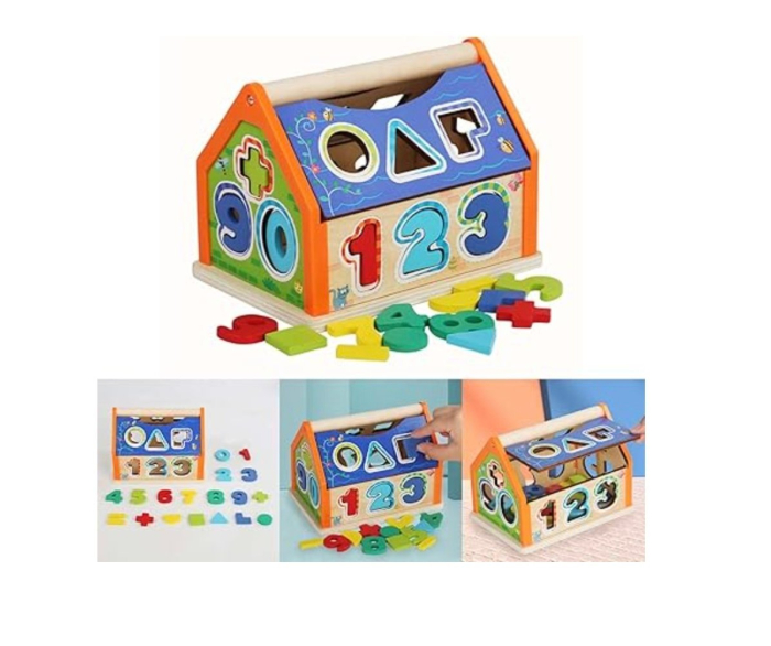 Casuta cu Activitati de Sortare Forme si Cifre, din lemn, multicolor [10]