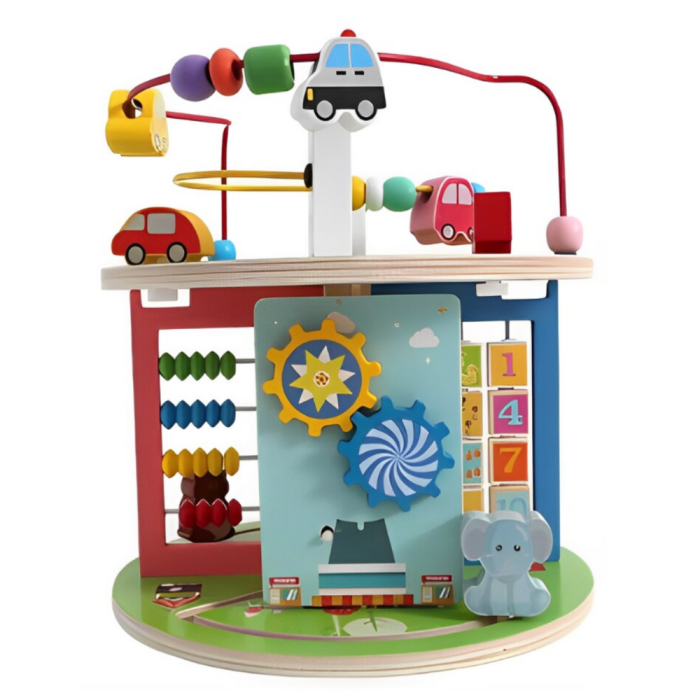 Centru cu activitati 8 in 1 Montessori, rotativ, cu abac si circuit sarme, din lemn