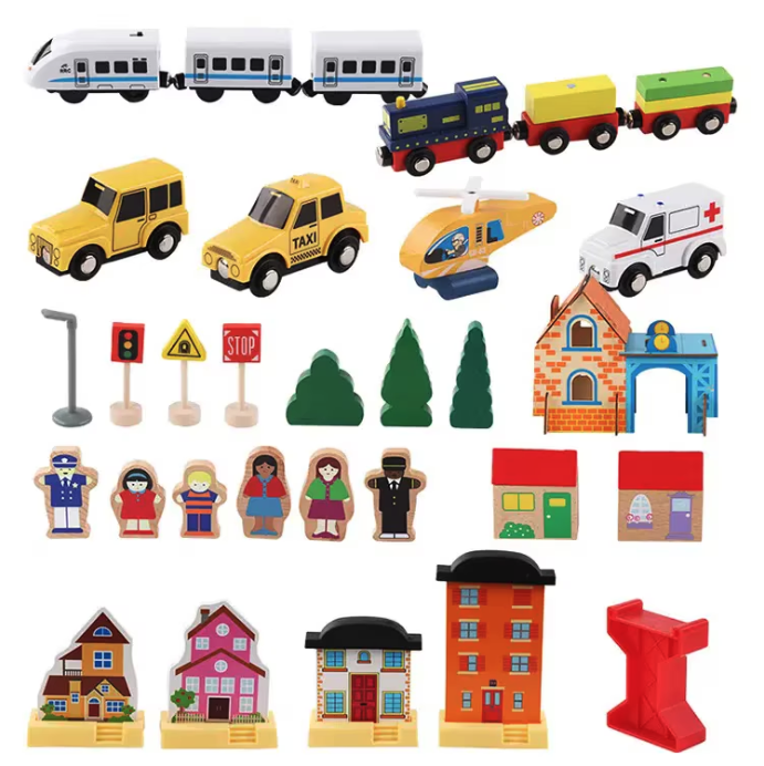 Circuit trenulet cu sine si peisaj, 108 piese din lemn, 2 trenulete, din lemn [5]