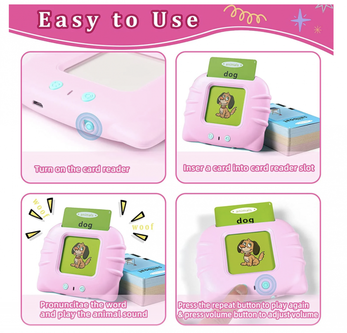 Cititor interactiv cu 112 carduri educative – Jucarie de invatare copii mici, roz [2]