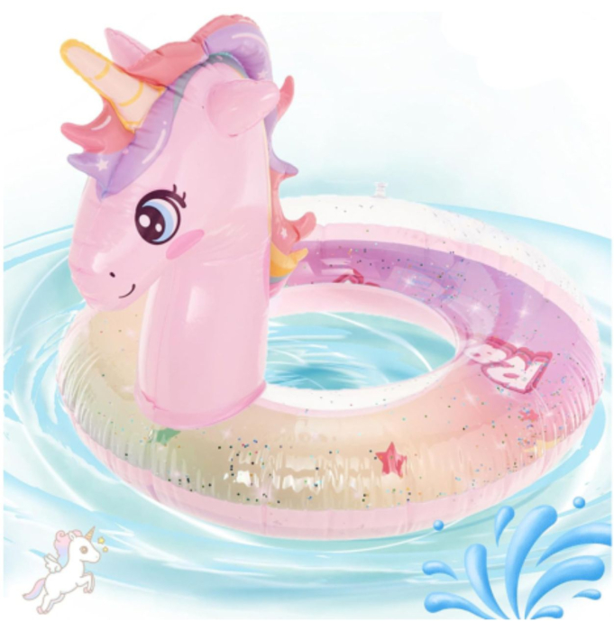Colac gonflabil unicorn roz cu coama curcubeu, 70 cm, PVC [6]