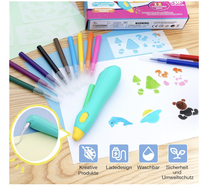 Creion inteligent de imprimare 3D, cu 12 carioci si sabloane, incarcare USB, bleu [4]