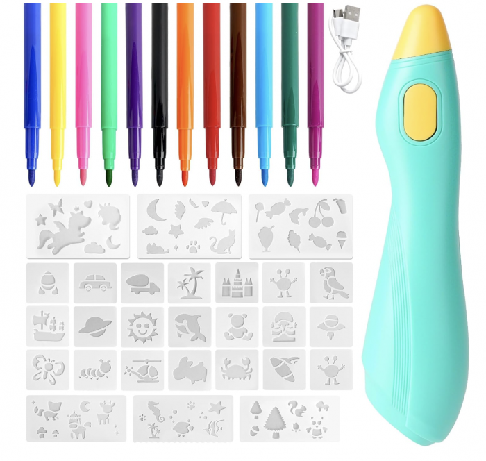 Creion inteligent de imprimare 3D, cu 12 carioci si sabloane, incarcare USB, bleu [9]