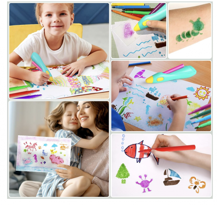 Creion inteligent de imprimare 3D, cu 12 carioci si sabloane, incarcare USB, bleu [8]