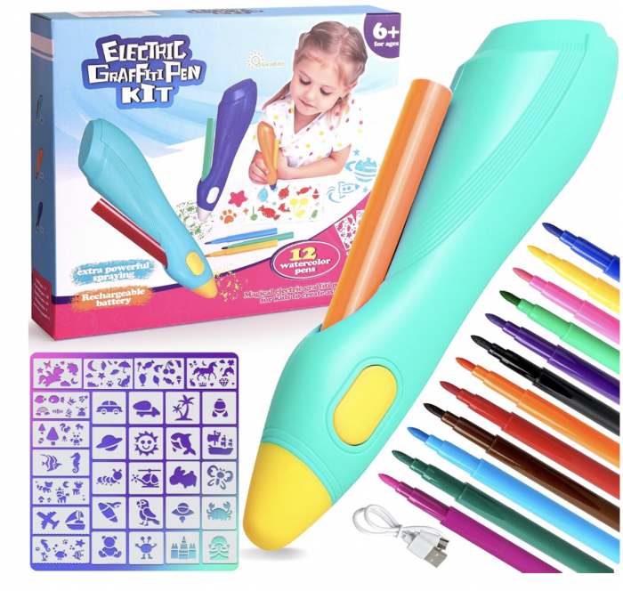 Creion inteligent de imprimare 3D, cu 12 carioci si sabloane, incarcare USB, bleu [2]