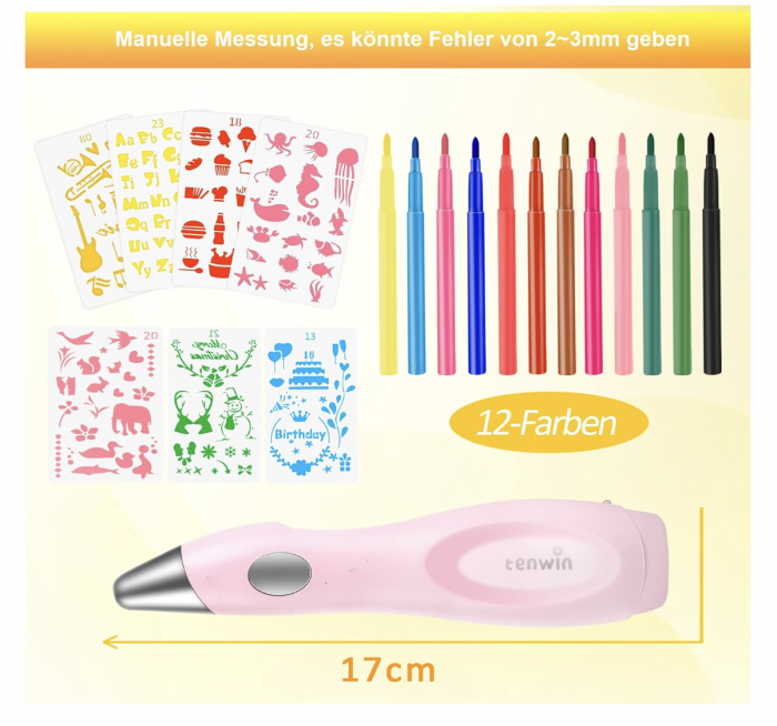 Creion inteligent de imprimare 3D, cu 12 carioci si sabloane, incarcare USB, roz [7]