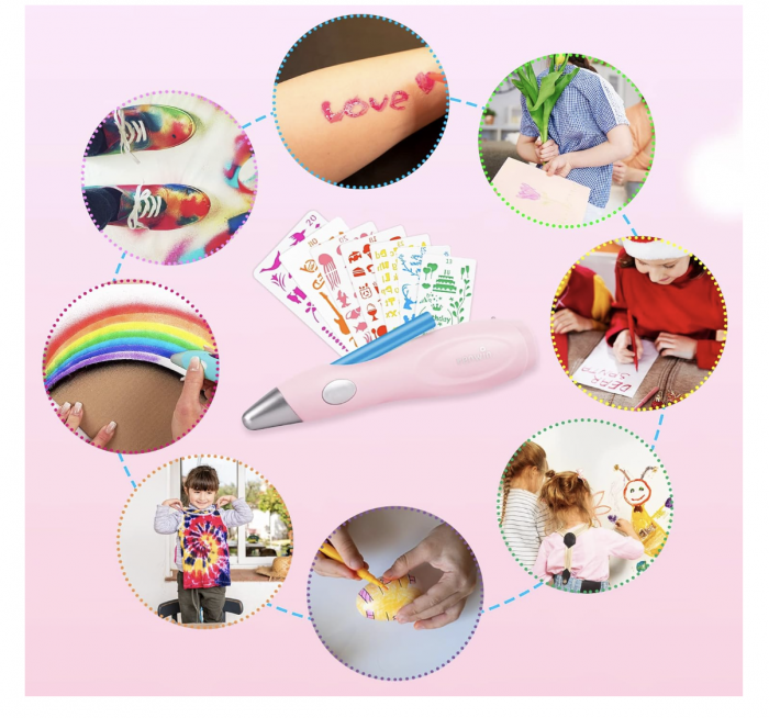 Creion inteligent de imprimare 3D, cu 12 carioci si sabloane, incarcare USB, roz [3]