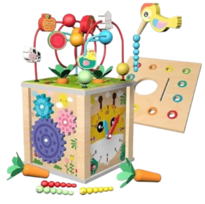 Cub Activitati Educativ Montessori 10 in 1, din lemn, Ciocanitoare si Xilofon