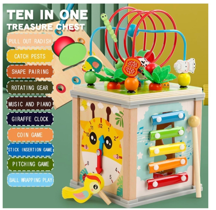 Cub Activitati Educativ Montessori 10 in 1, din lemn, Ciocanitoare si Xilofon [10]