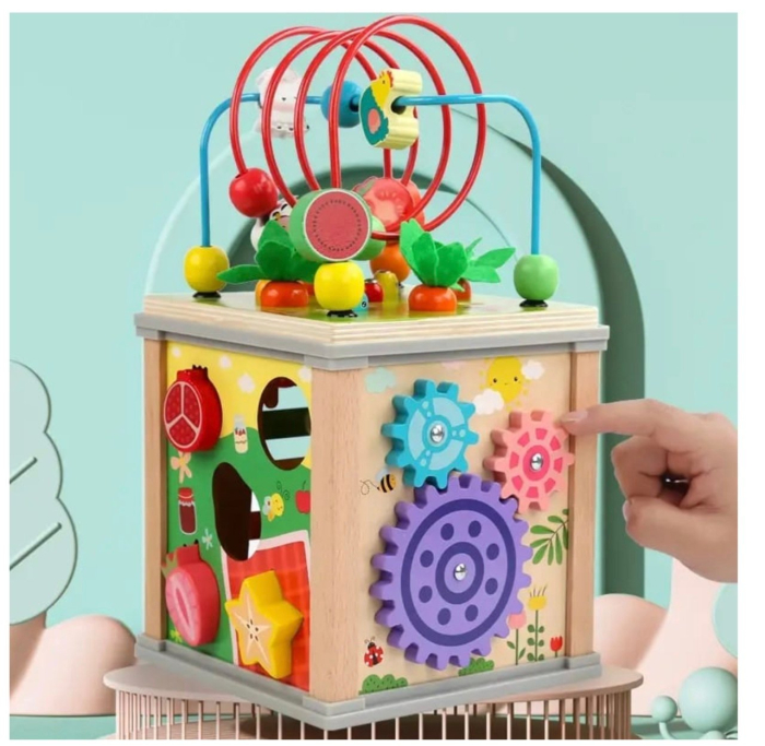 Cub Activitati Educativ Montessori 10 in 1, din lemn, Ciocanitoare si Xilofon [4]