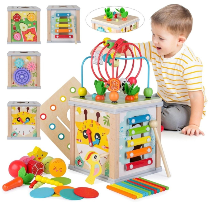Cub Activitati Educativ Montessori 10 in 1, din lemn, Ciocanitoare si Xilofon [3]