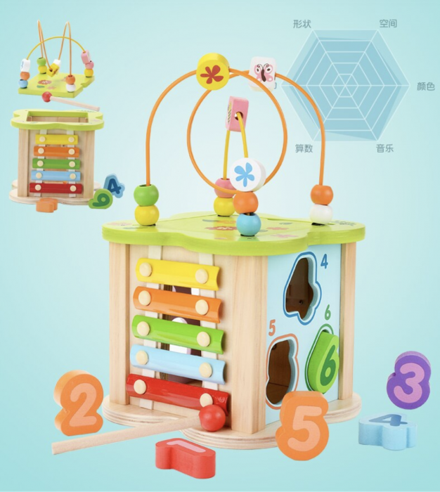 Cub cu 6 activitati Montessori, animalele salbatice cu circuit de bile Mini Animal Cube [4]