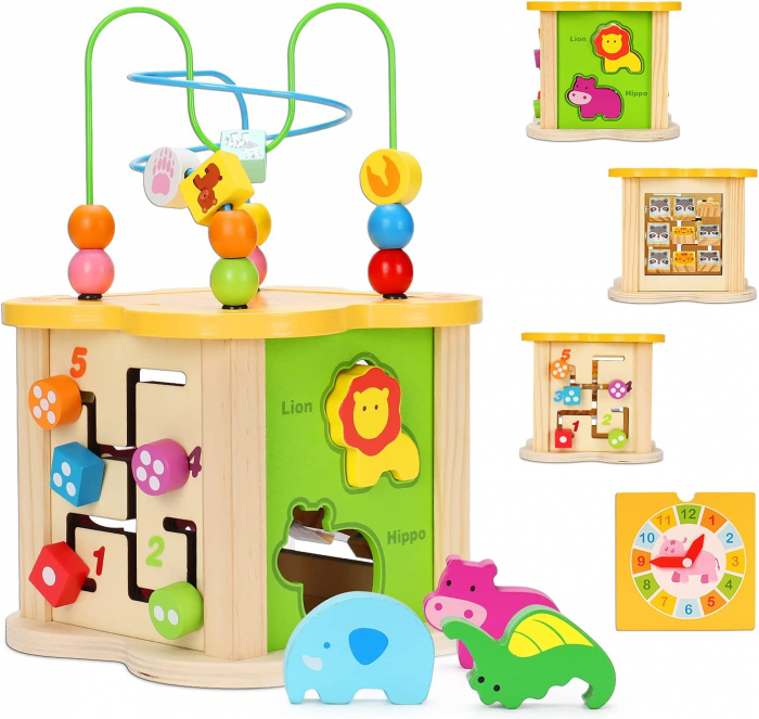 Cub cu 6 activitati Montessori, animalele salbatice cu circuit de bile Mini Animal Cube [1]