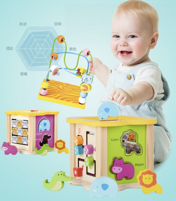 Cub cu 6 activitati Montessori, animalele salbatice cu circuit de bile Mini Animal Cube [3]