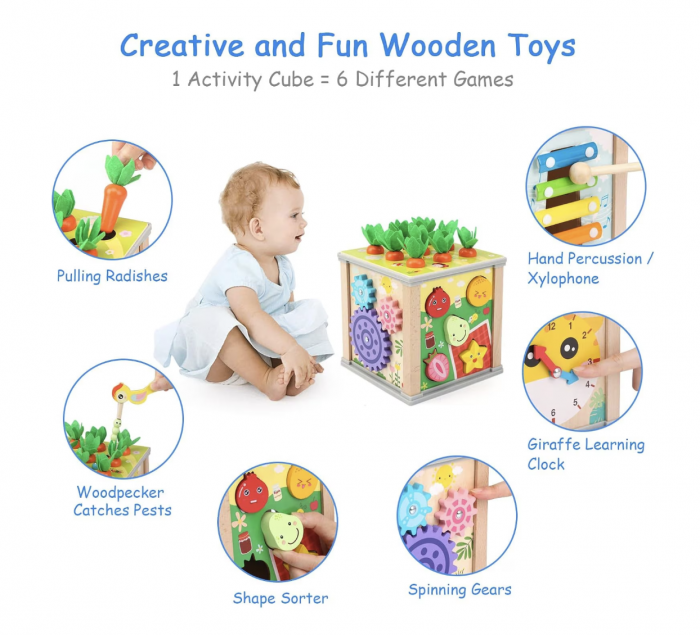 Cub Montessori cu activitati, 6 in 1, Culege morcovii, din lemn [5]