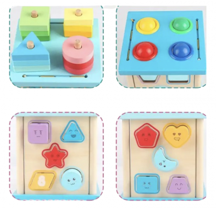 Cub Montessori cu activitati, 5 in 1, cu sortator de forme geometrice, din lemn [3]