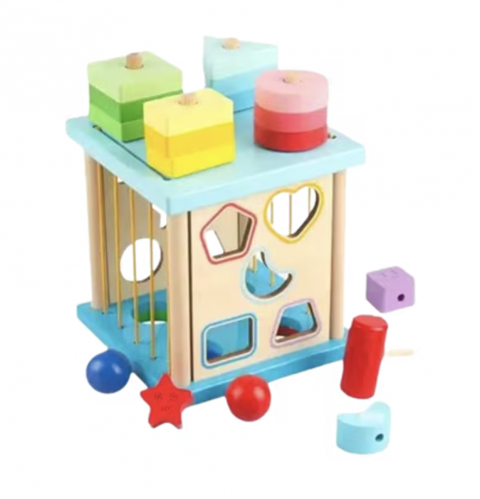 Cub Montessori cu activitati, 5 in 1, cu sortator de forme geometrice, din lemn [2]