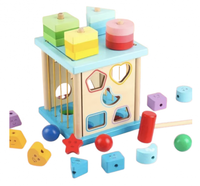 Cub Montessori cu activitati, 5 in 1, cu sortator de forme geometrice, din lemn