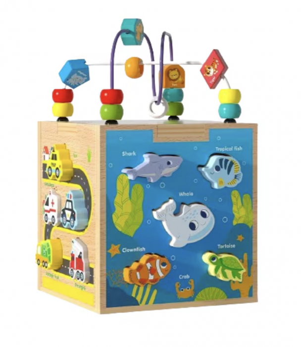 Cub Montessori cu activitati, 5 in 1, cu sortator de forme animale marine, din lemn