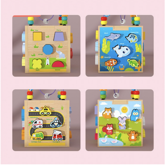 Cub Montessori cu activitati, 5 in 1, cu sortator de forme animale marine, din lemn [6]