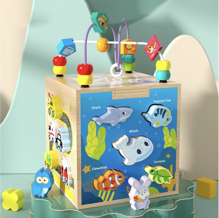 Cub Montessori cu activitati, 5 in 1, cu sortator de forme animale marine, din lemn [5]