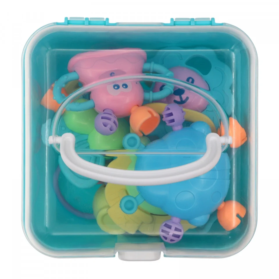 Cutie cu set 8 jucarii zornaitoare cu suprafete moi siliconate pentru dentitia bebelusilor, bleu [8]