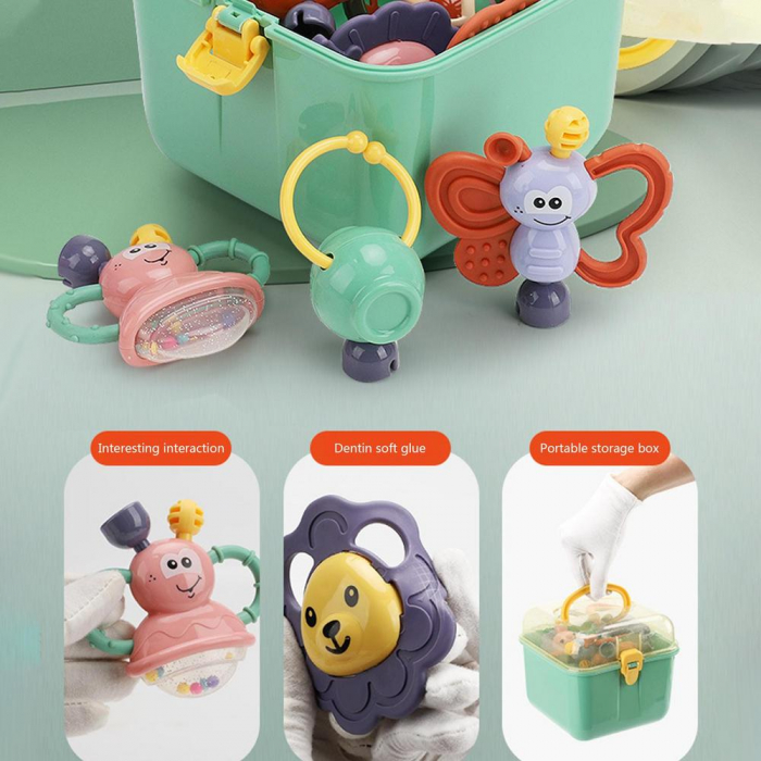 Cutie cu set 8 jucarii zornaitoare cu suprafete moi siliconate pentru dentitia bebelusilor, bleu [6]