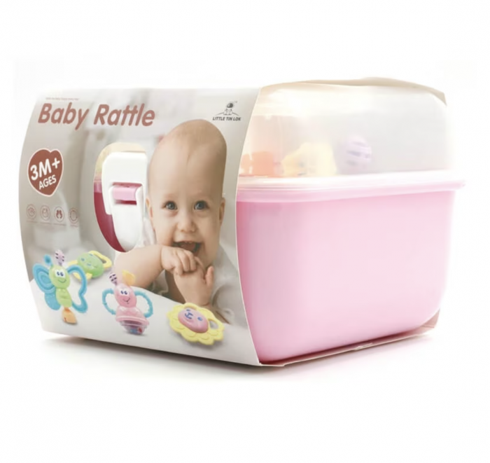 Cutie cu set 8 jucarii zornaitoare cu suprafete moi siliconate pentru dentitia bebelusilor, roz [2]