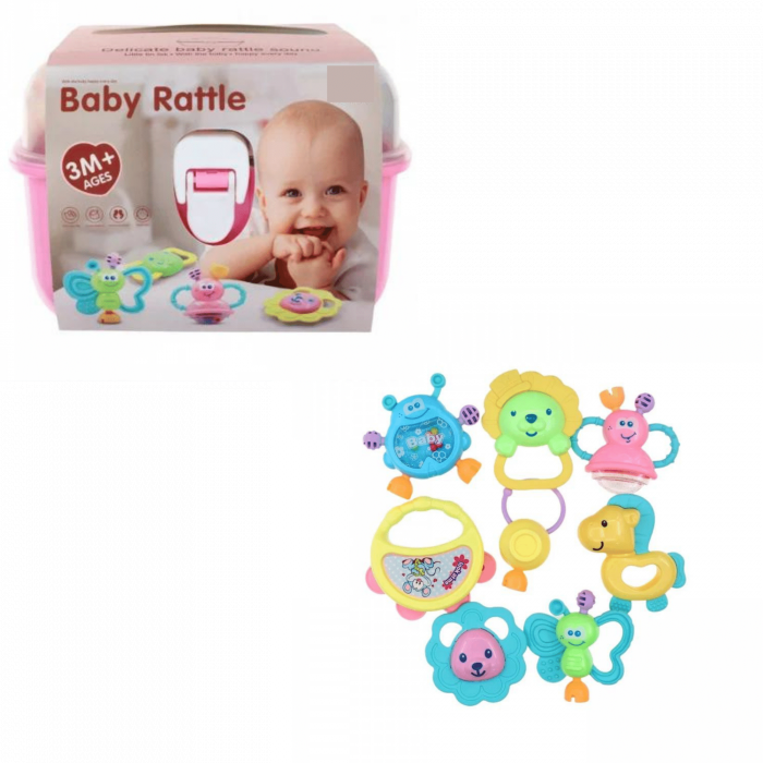 Cutie cu set 8 jucarii zornaitoare cu suprafete moi siliconate pentru dentitia bebelusilor, roz [3]