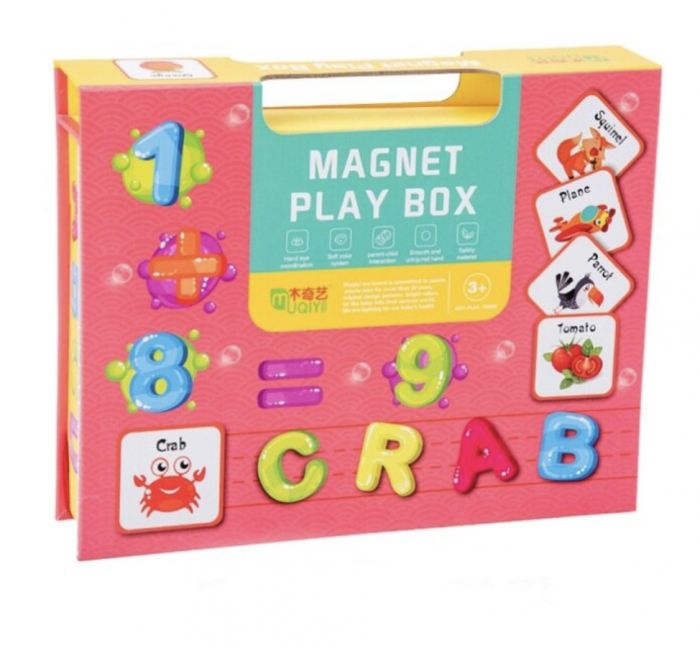 Cutie rosie cu 80 piese Puzzle magnetic Alfanumeric