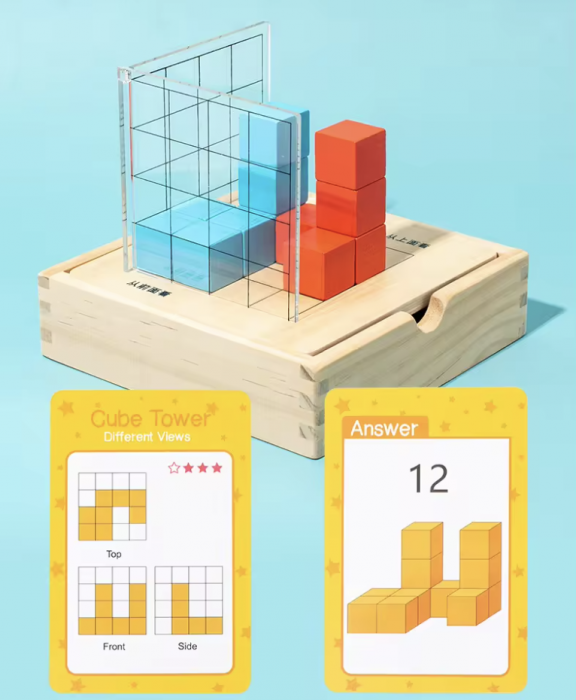 Cutiuta de invatare 3D, cu 50 carduri si cuburi, din lemn [5]