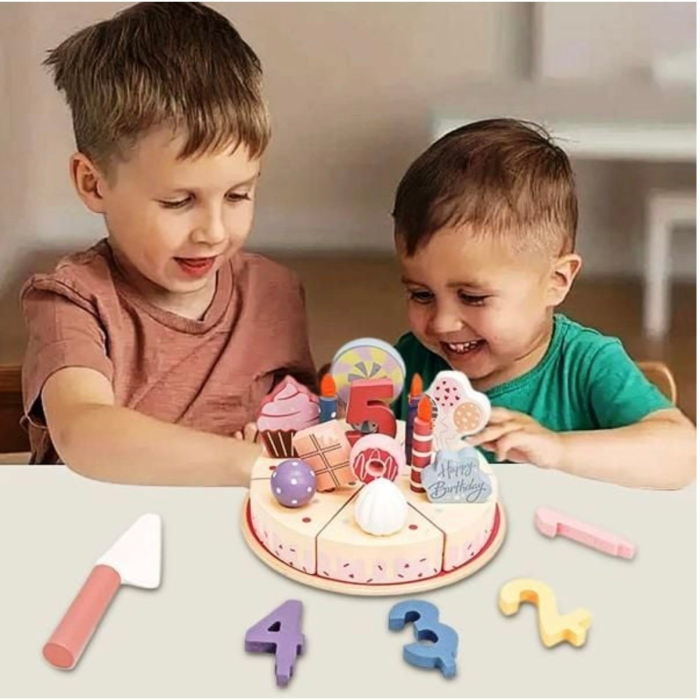 Jucarie lemn Tort aniversar Montessori, cu 24 accesorii, din lemn, roz [13]