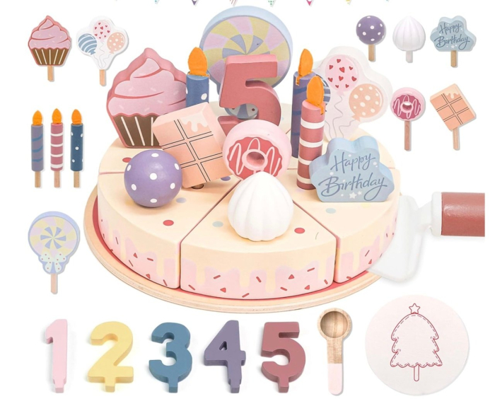 Jucarie lemn Tort aniversar Montessori, cu 24 accesorii, din lemn, roz