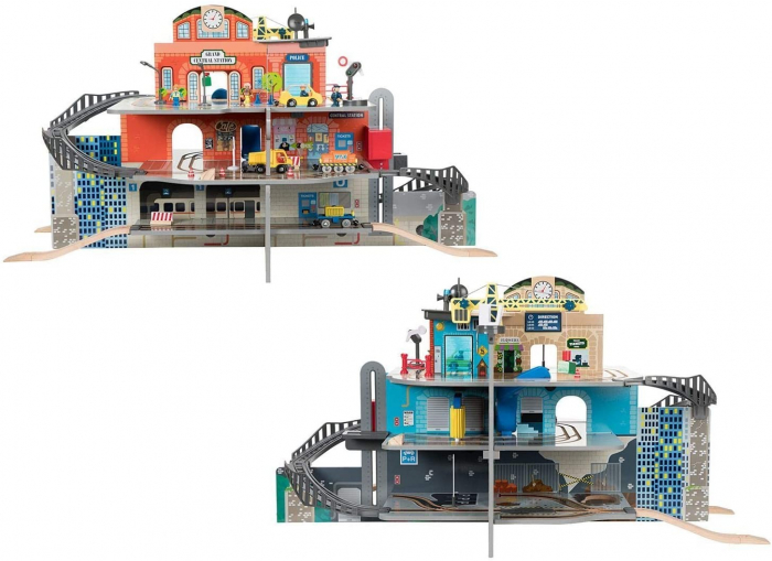 Gara de trenuri Jumbo Deluxe cu 3 etaje, cu circuit, heliport, spalatorie, din lemn [3]