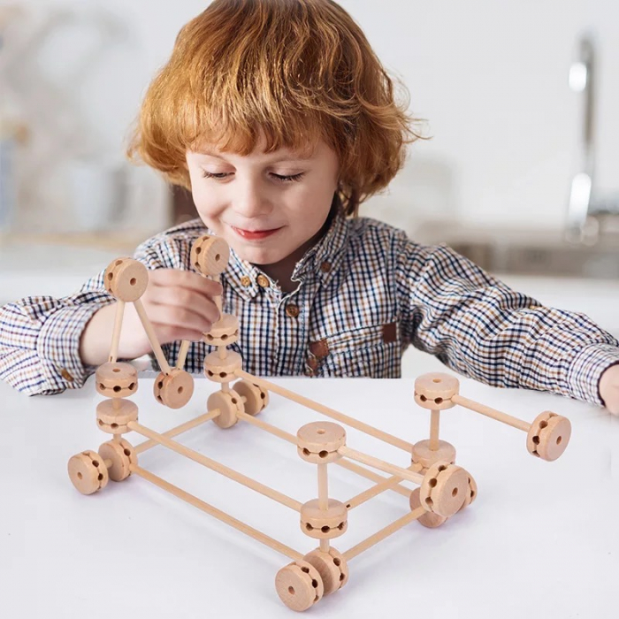 Joc Montessori de Inteligenta, Motricitate si Constructie, cu 80 piese, din lemn [2]