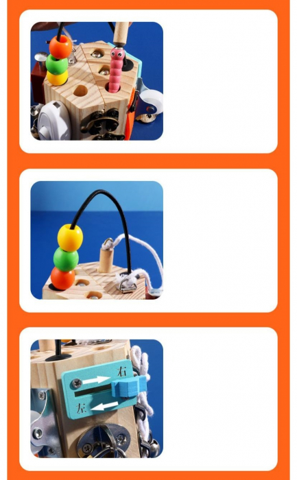Joc Cub Busy Board cu 14 activitati, multifunctional, din lemn [12]