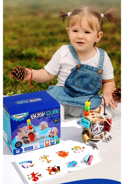Joc Cub Busy Board cu 14 activitati, multifunctional, din lemn [15]