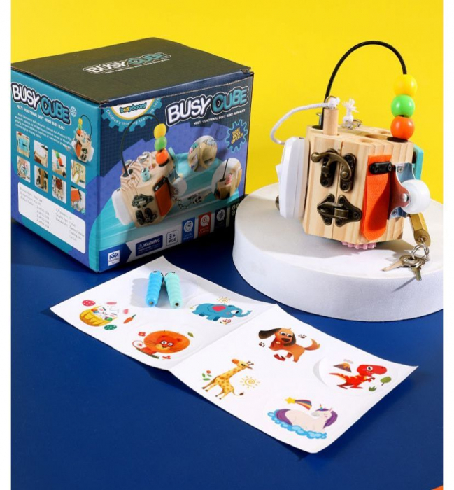 Joc Cub Busy Board cu 14 activitati, multifunctional, din lemn [13]