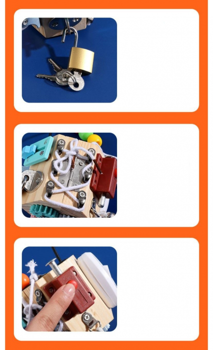 Joc Cub Busy Board cu 14 activitati, multifunctional, din lemn [8]